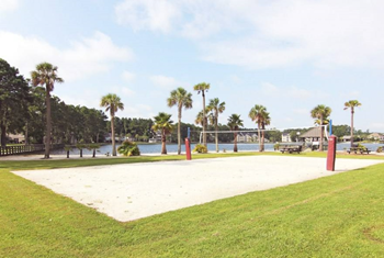 a volleyball court with palm trees in the background